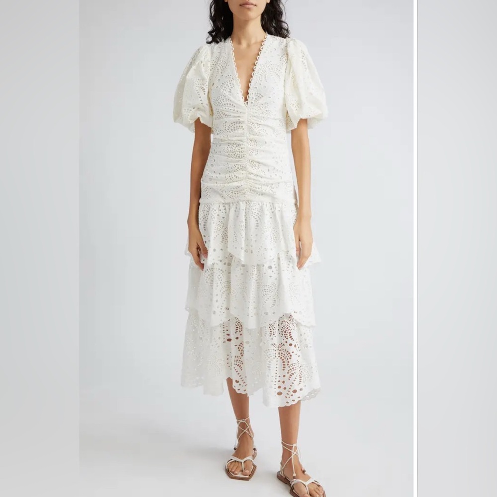 Farm Rio Eyelet Puff Sleeve Cotton Midi Dress M NWT